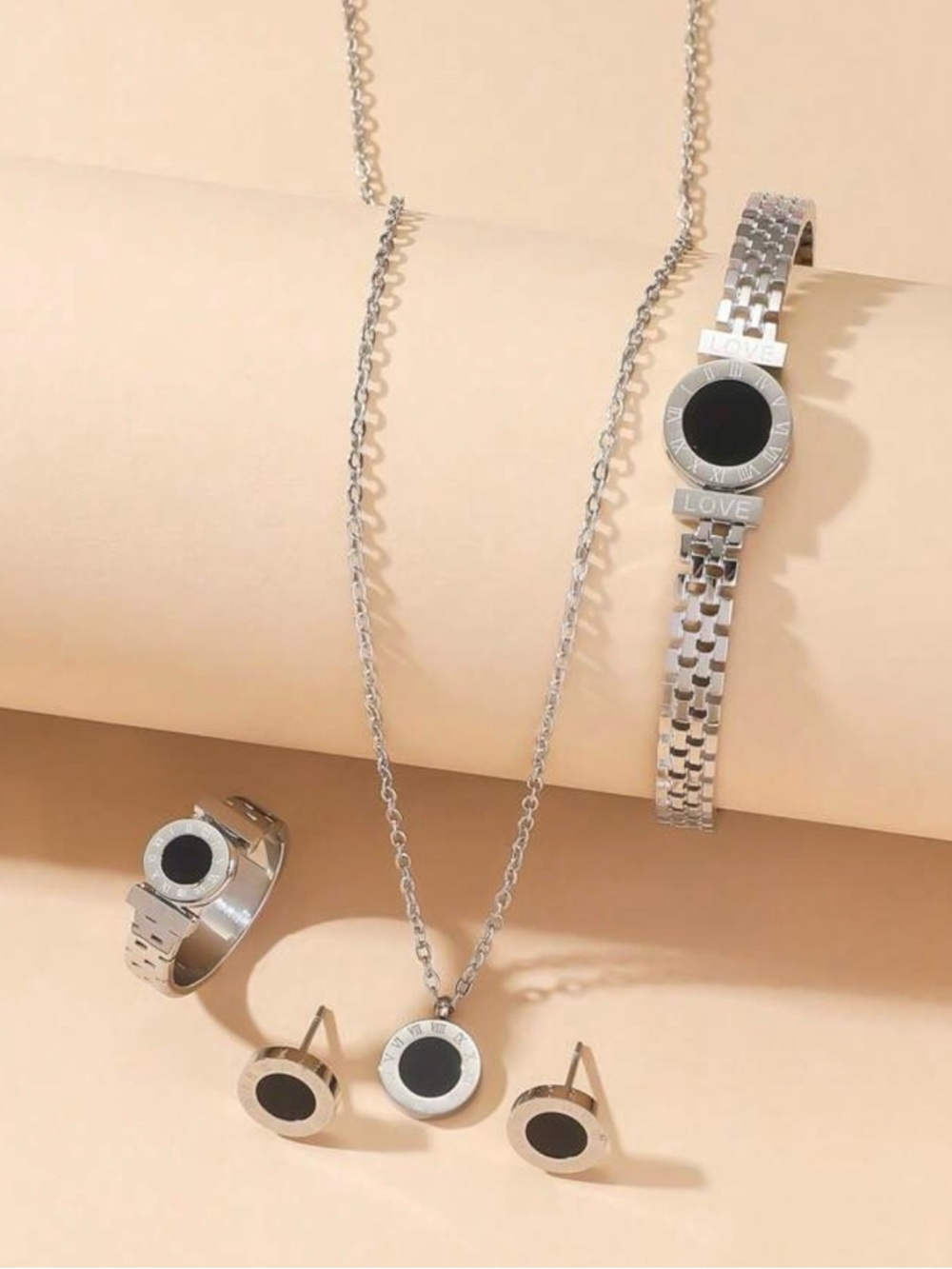 Silver Black Circle Pendant Necklace and Earring Set